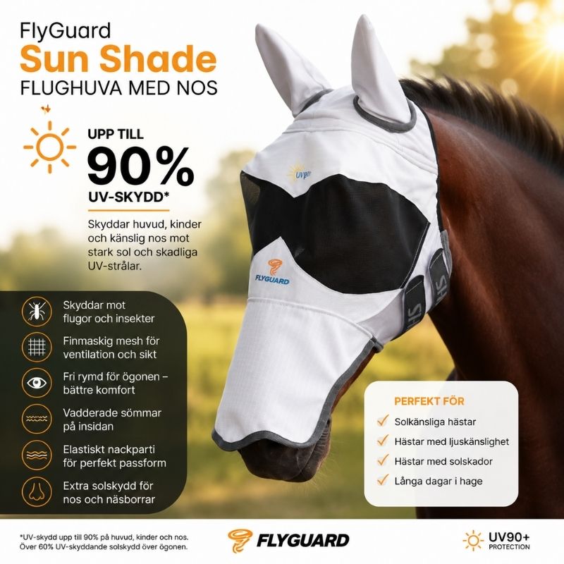FlyGuard Sun Shade flughuva med nos och UV-skydd för solkänsliga hästar